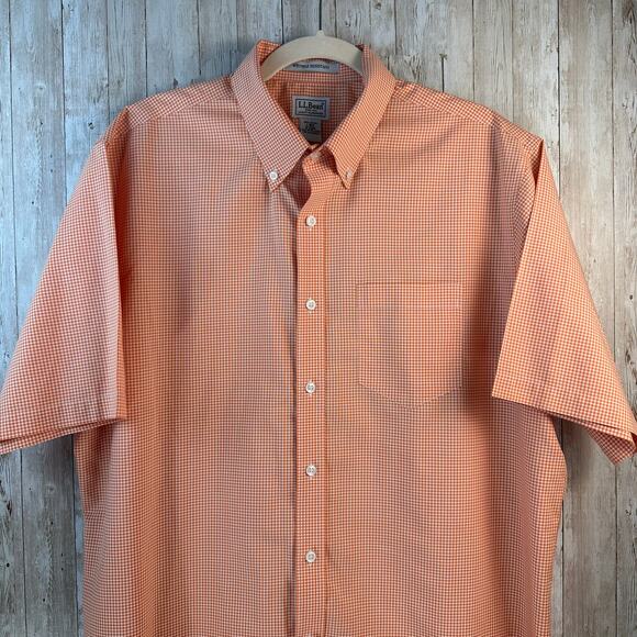 LL Bean Button Up Shirt Mens L Orange Gingham Wrinkle Resistant Short Sleeve - Picture 3 of 6